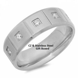 STAINLESS STEEL & CZ RING High Quality Wide Band Mens Wedding SIZES 10 11 12 NWT